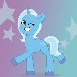 Size: 1200x1200 | Tagged: safe, artist:prixy05, trixie, pony, unicorn, g4, g5, my little pony: tell your tale, g4 to g5, generation leap, gradient background, grin, i can't believe it's not hasbro studios, one eye closed, smiling, solo, wink