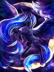 Size: 900x1200 | Tagged: safe, artist:kreativpony, princess luna, alicorn, pony, g4, belly, crescent moon, crown, ethereal mane, female, hair over one eye, hoof shoes, impossibly long mane, jewelry, large wings, long mane, mare, moon, peytral, princess shoes, regalia, solo, spread wings, starry mane, wings