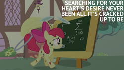 Size: 1920x1080 | Tagged: safe, edit, edited screencap, editor:quoterific, screencap, apple bloom, earth pony, pony, g4, season 2, the cutie pox, chalkboard, cutie pox, doctor who, female, filly, foal, mouth hold, solo