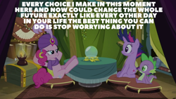 Size: 1920x1080 | Tagged: safe, edit, edited screencap, editor:quoterific, screencap, pinkie pie, spike, twilight sparkle, dragon, earth pony, pony, unicorn, g4, it's about time, crystal ball, doctor who, madame pinkie, unicorn twilight