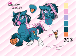 Size: 1156x851 | Tagged: safe, artist:curryrice, oc, oc only, oc:blossom swirls, earth pony, hybrid, original species, pegasus, pony, adoptable, bandaid, bandaid on nose, basketball, cutie mark, reference sheet, solo, sports