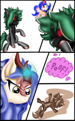 Size: 1600x2600 | Tagged: safe, artist:seki_98, oc, oc only, oc:ryuko po, oc:tomas senko, chocolate pony, food pony, kirin, pony, robot, robot pony, comic:senko adventure, comic, food transformation, magic, simple background, transformation, white background