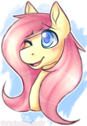 Size: 420x609 | Tagged: safe, artist:lottafandoms, fluttershy, pony, g4, blushing, bust, female, mare, one eye closed, open mouth, open smile, portrait, smiling, solo