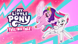 Size: 2560x1440 | Tagged: safe, pipp petals, zipp storm, pegasus, pony, g5, my little pony: tell your tale, official, duo, female, folded wings, mare, my little pony logo, netflix, spread wings, wings