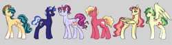 Size: 1920x509 | Tagged: safe, artist:crayoncreates, oc, oc only, oc:cortland apple, oc:gala dash, oc:kunzite belle, oc:patient plea, oc:raspberry lemonade, oc:starstruck sparkle, earth pony, pegasus, pony, unicorn, amputee, beard, cowboy hat, earth pony oc, facial hair, female, freckles, gray background, hat, horn, magical lesbian spawn, male, mare, missing wing, next generation, nonbinary, offspring, parent:amber laurel, parent:applejack, parent:big macintosh, parent:coloratura, parent:flam, parent:fluttershy, parent:pinkie pie, parent:pokey pierce, parent:rainbow dash, parent:rarity, parent:sunset shimmer, parent:twilight sparkle, parents:amberity, parents:flamshy, parents:pokeytwi, parents:rainbowmac, parents:rarajack, parents:sunsetpie, pegasus oc, simple background, stallion, unicorn oc