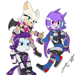 Size: 894x894 | Tagged: safe, artist:adryyuri, rarity, bat, dragon, goat, unicorn, anthro, g4, armor, armorarity, female, freedom planet, jetpack, looking at you, power armor, rouge the bat, sash lilac, simple background, sonic the hedgehog (series), trio, trio female, white background