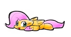 Size: 1405x728 | Tagged: safe, artist:zutcha, fluttershy, pegasus, pony, g4, cute, female, flat fuck friday, floppy ears, lying down, mare, prone, shyabetes, simple background, smiling, solo, sploot, white background
