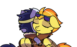 Size: 626x386 | Tagged: safe, artist:_natsunatsuu_, idw, soarin', spitfire, pegasus, pony, friends forever #36, g4, my little pony: friends forever, duo, eyes closed, female, hug, male, ship:soarinfire, shipping, simple background, straight, white background