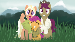 Size: 3840x2160 | Tagged: safe, artist:dtcx97, mane allgood, scootaloo, snap shutter, earth pony, pegasus, pony, clothes, cute, cutealoo, explicit source, eyes closed, family, family photo, father and child, father and daughter, female, filly, foal, grass, hat, looking at you, male, mare, mother and child, mother and daughter, shirt, smiling, stallion, trio, unshorn fetlocks