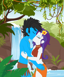 Size: 2496x3000 | Tagged: safe, artist:ds59, rarity, oc, oc:dragun shot, human, equestria girls, g4, bracelet, canon x oc, collar, eyes closed, female, flower, flower in hair, height difference, high res, jewelry, jungle, jungle girl, kiss on the lips, kissing, lake, loincloth, male, shipping, straight, tarzan, water, waterfall