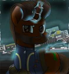 Size: 1258x1345 | Tagged: safe, artist:php178, artist:skrollz, oc, oc only, oc:willing vision, pony, unicorn, fallout equestria, .svg available, aura, bags under eyes, beard, birthday gift, brown eyes, brown mane, brown tail, buff, calculator, clothes, colored pupils, dark, determination, determined, determined face, determined look, determined smile, facial hair, fallout equestria oc, floor, gift art, glowing, glowing horn, gradient mane, gradient tail, grin, gun, highlights, horn, inkscape, jumpsuit, leg guards, levitation, lifting, lying, lying down, magic, magic aura, male, moustache, movie accurate, muscles, nc-tv signature, pipbuck, pipbuck 3000, prone, realistic mane, rifle, shading, shadow, signature, simple background, smiling, solo, stallion, svg, tail, telekinesis, unicorn oc, vault suit, vector, wall, weapon, wrinkles