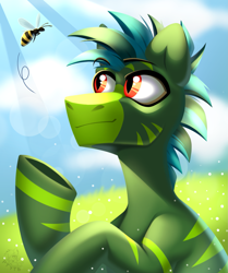 Size: 1693x2022 | Tagged: safe, artist:rtootb, oc, oc only, oc:brass, bee, insect, pony, zebra, bat eyes, blue mane, cloud, digital art, green fur, happy, looking at something, looking up, male, red eyes, simple background, smiling, solo, stallion, summer, zebra oc
