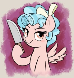 Size: 1983x2083 | Tagged: safe, artist:heretichesh, cozy glow, pegasus, pony, g4, female, filly, foal, grimcute, high res, hoof hold, knife, looking at you, magnetic hooves, pure concentrated unfiltered evil of the utmost potency, pure unfiltered evil, smiling, smiling at you, solo