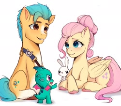 Size: 1999x1749 | Tagged: safe, artist:xiaowu07, angel bunny, fluttershy, hitch trailblazer, sparky sparkeroni, dragon, earth pony, pegasus, pony, rabbit, g4, g5, angelbetes, animal, baby, baby dragon, cute, female, hitch and his 2nd heroine, hitchbetes, male, mare, shyabetes, simple background, sitting, sparkybetes, stallion, white background
