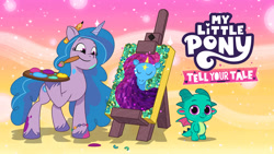 Size: 2560x1440 | Tagged: safe, izzy moonbow, sparky sparkeroni, dragon, pony, unicorn, g5, my little pony: tell your tale, official, duo, female, mare, my little pony logo, netflix, painting