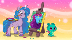 Size: 2560x1440 | Tagged: safe, izzy moonbow, sparky sparkeroni, dragon, pony, unicorn, g5, my little pony: tell your tale, official, duo, female, mare, netflix, painting