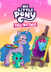 Size: 1142x1600 | Tagged: safe, izzy moonbow, sparky sparkeroni, dragon, pony, unicorn, g5, my little pony: tell your tale, official, duo, female, mare, my little pony logo, netflix, painting