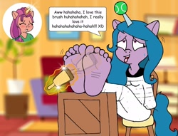 Size: 1410x1080 | Tagged: safe, artist:feets-and-paws, izzy moonbow, sunny starscout, alicorn, unicorn, anthro, plantigrade anthro, g5, ahegao, ball, barefoot, bondage, brush, dialogue, feet, fetish, foot fetish, foot focus, horn, hornball, izzy's tennis ball, laughing, magic, magic suppression, mummification, mummified, open mouth, race swap, soles, sunnycorn, sweat, telekinesis, tennis ball, tickling, toes, tongue out