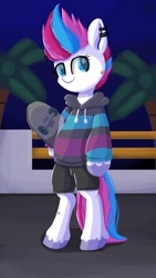 Size: 1080x1920 | Tagged: safe, artist:skylinepony_, zipp storm, pegasus, pony, semi-anthro, g5, arm hooves, clothes, ear piercing, earring, female, hoodie, jewelry, mare, piercing, redraw, skateboard, smiling, solo, unshorn fetlocks