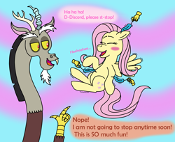 Size: 1780x1454 | Tagged: safe, artist:wolvinof, discord, fluttershy, draconequus, pegasus, pony, g4, abstract background, blushing, chaos, cute, dialogue, digital art, discord being discord, disembodied hand, duo, eyebrows, eyes closed, feather, floating, funny, hand, laughing, magic, open mouth, open smile, pointing, raised eyebrow, request, requested art, requests, smiling, tickling