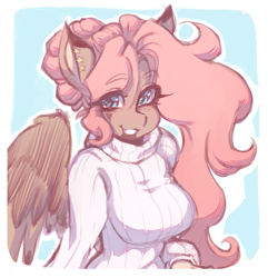 Size: 885x919 | Tagged: safe, artist:tolsticot, oc, oc only, oc:hazel (emberslament), pegasus, anthro, big breasts, breasts, clothes, female, grin, looking at you, mare, smiling, smiling at you, solo, sweater