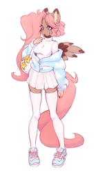 Size: 790x1417 | Tagged: safe, artist:tolsticot, oc, oc only, oc:hazel (emberslament), pegasus, anthro, plantigrade anthro, breasts, clothes, female, mare, purse, shoes, simple background, skirt, sneakers, socks, solo, sweater, thigh highs, white background