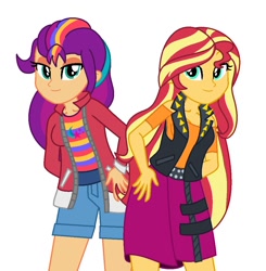 Size: 1028x1048 | Tagged: safe, artist:robertsonskywa1, sunny starscout, sunset shimmer, human, equestria girls, g4, g5, my little pony equestria girls: better together, clothes, duo, duo female, equestria girls-ified, female, g5 to equestria girls, generation leap, mane stripe sunny, simple background, white background