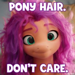 Size: 1080x1080 | Tagged: safe, edit, edited screencap, screencap, sunny starscout, earth pony, pony, g5, my little pony: a new generation, official, spoiler:my little pony: a new generation, bed hair, caption, female, image macro, mare, messy mane, smiling, solo, text