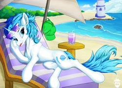 Size: 3038x2194 | Tagged: safe, artist:pixel mint, oc, oc only, oc:blueblaze stardust, pony, unicorn, :p, beach, cap, chest fluff, drink, ear fluff, female, hat, high res, horn, lighthouse, lying down, mare, on side, solo, sunglasses, sunglasses on head, tongue out, underhoof, unicorn oc, water