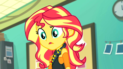 Size: 3410x1920 | Tagged: safe, screencap, sunset shimmer, human, equestria girls, equestria girls specials, g4, my little pony equestria girls: better together, my little pony equestria girls: forgotten friendship, breasts, clothes, confused, cutie mark on clothes, geode of empathy, high res, jewelry, leather, leather vest, magical geodes, necklace, open mouth, png, solo, upscaled, vest