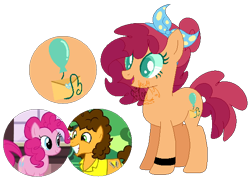 Size: 594x436 | Tagged: safe, artist:cintiasi, cheese sandwich, pinkie pie, oc, oc:poppy, earth pony, pony, g4, balloon, base used, colored pupils, cutie mark, earth pony oc, female, mare, offspring, parent:cheese sandwich, parent:pinkie pie, parents:cheesepie, screencap reference, simple background, transparent background