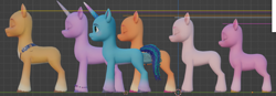 Size: 1376x478 | Tagged: safe, artist:briarlight, gameloft, hitch trailblazer, izzy moonbow, misty brightdawn, pipp petals, sunny starscout, zipp storm, earth pony, pegasus, pony, unicorn, g5, my little pony: mane merge, 3d, blender, bracelet, concave belly, eyes closed, gradient horn, height difference, horn, horn markings, jewelry, mane five, mane six (g5), no mane, physique difference, pipp is short, sash, satchel, size comparison, slender, thin