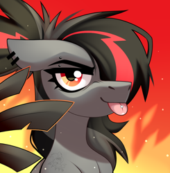 Size: 980x1000 | Tagged: safe, artist:rtootb, oc, oc only, oc:era, pegasus, pony, :p, black hair, cute, digital art, ear piercing, eyebrow piercing, female, fire, gray oc, icon, looking at you, mare, pegasus oc, piercing, ponytail, portrait, red and black oc, red eyes, simple background, smiling, solo, tongue out, tongue piercing, wings