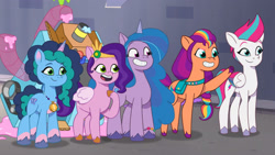 Size: 3072x1727 | Tagged: safe, screencap, bot-y mcbakertons, izzy moonbow, misty brightdawn, pipp petals, sunny starscout, zipp storm, earth pony, pegasus, pony, robot, unicorn, g5, my little pony: tell your tale, sunny's smoothie moves, spoiler:g5, spoiler:my little pony: tell your tale, spoiler:tyts01e47, female, grin, jewelry, mane stripe sunny, mare, medallion, necklace, open mouth, open smile, royal sisters (g5), siblings, sisters, smiling
