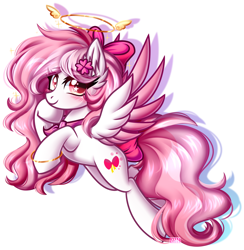 Size: 1560x1600 | Tagged: safe, artist:kannakiller, oc, oc only, pegasus, pony, blushing, bow, clothes, commission, female, full body, hair bow, halo, hoof under chin, looking at you, mare, pegasus oc, raised hoof, simple background, smiling, smiling at you, solo, spread wings, starry eyes, tail, white background, wingding eyes, wings