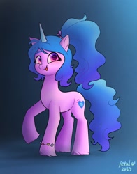 Size: 1074x1368 | Tagged: safe, artist:petaltwinkle, izzy moonbow, pony, unicorn, g5, alternate hairstyle, female, gradient background, mare, ponytail, raised hoof, solo