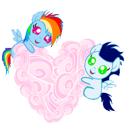 Size: 720x720 | Tagged: safe, artist:mlplary6, rainbow dash, soarin', pegasus, pony, g4, animated, baby, baby dash, baby pony, baby soarin', cloud, colt, colt soarin', cute, daaaaaaaaaaaw, dashabetes, duo, female, filly, filly rainbow dash, foal, gif, heart, looking at you, male, ship:soarindash, shipping, simple background, smiling, smiling at you, soarinbetes, straight, transparent background, younger
