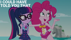 Size: 2000x1125 | Tagged: safe, edit, edited screencap, editor:quoterific, screencap, pinkie pie, sci-twi, twilight sparkle, human, equestria girls, friendship math, g4, my little pony equestria girls: better together, <:), armpits, bare shoulders, best friends, clothes, duo, duo female, eyebrows, female, geode of sugar bombs, geode of telekinesis, glasses, grin, hand behind back, hand on shoulder, looking up, magical geodes, one-piece swimsuit, open mouth, open smile, pinkie pie swimsuit, ponytail, raised eyebrow, sci-twi swimsuit, sleeveless, smiling, stick, subtitles, swimsuit