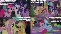 Size: 2000x1125 | Tagged: safe, edit, edited screencap, editor:quoterific, screencap, applejack, fluttershy, pinkie pie, rainbow dash, rarity, twilight sparkle, alicorn, earth pony, pegasus, pony, unicorn, g4, party pooped, applejack's hat, balloon, candy, cowboy hat, food, hat, mane six, party cave, twilight sparkle (alicorn)