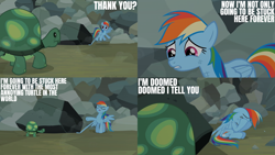 Size: 2000x1125 | Tagged: safe, edit, edited screencap, editor:quoterific, screencap, rainbow dash, tank, pegasus, pony, tortoise, g4, may the best pet win, crying, dramatic, duo, duo male and female, eyes closed, female, frown, gritted teeth, male, mare, open mouth, rock, sad, scuff mark, stuck, teeth, trapped, wings