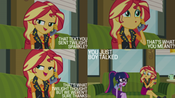 Size: 2000x1125 | Tagged: safe, edit, edited screencap, editor:quoterific, screencap, sci-twi, sunset shimmer, twilight sparkle, human, equestria girls, g4, my little pony equestria girls: better together, text support, :o, cellphone, confused, couch, cup, duo, duo female, female, geode of empathy, geode of telekinesis, implied timber spruce, jaw drop, magical geodes, open mouth, open smile, phone, phone call, shocked, smartphone, smiling, teabag