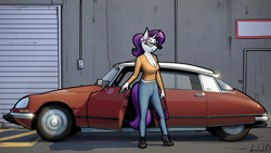 Size: 2559x1440 | Tagged: safe, artist:apocheck13, rarity, unicorn, anthro, g4, car, citroën ds, clothes, female, garage, glasses, high heels, shoes, solo