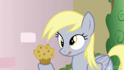 Size: 520x293 | Tagged: safe, screencap, derpy hooves, princess ember, dragon, pegasus, pony, g4, triple threat, animated, female, food, mare, muffin, muffin denial, solo focus, stealing, that pony sure does love muffins