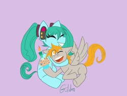 Size: 1600x1200 | Tagged: safe, artist:goldensuculents, derpy hooves, earth pony, pegasus, pony, g4, anime, food, hatsune miku, headphones, hug, muffin, pigtails, ponified, vocaloid