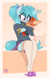Size: 2943x4524 | Tagged: safe, artist:nevobaster, oc, oc only, oc:whispy slippers, anthro, abstract background, blushing, clothes, cute, eyebrows, eyebrows visible through hair, glasses, heart, heart eyes, hug, hugging a plushie, meganekko, plushie, ponytail, sitting, skirt, smiling, socks, solo, striped socks, sweater, wingding eyes