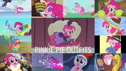 Size: 1280x721 | Tagged: safe, edit, edited screencap, editor:quoterific, screencap, chancellor puddinghead, fili-second, pinkie pie, spirit of hearth's warming presents, a hearth's warming tail, all bottled up, dragonshy, g4, hearth's warming eve (episode), luna eclipsed, over a barrel, scare master, school raze, season 1, season 2, season 4, season 5, season 6, season 7, season 8, suited for success, testing testing 1-2-3, the crystal empire, winter wrap up, animal costume, chicken pie, chicken suit, clothes, collage, costume, cymbal monkey, dress, female, flugelhorn, gala dress, ice skating, mare, musical instrument, party horn, pinkie puffs, power ponies, puffy sleeves, rapper pie, saloon dress, saloon pinkie, sunglasses