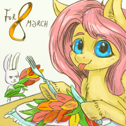 Size: 1056x1056 | Tagged: safe, artist:kovoranu, fluttershy, pegasus, pony, rabbit, g4, animal, dexterous hooves, eating, female, flower, fork, herbivore, horses doing horse things, international women's day, knife, mare, simple background, tongue out, tulip, white background
