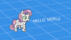 Size: 1920x1080 | Tagged: safe, artist:makaryo, sweetie belle, pony, robot, robot pony, unicorn, absurd file size, animated, cute, diasweetes, frame by frame, hello world, music, open mouth, open smile, singing, smiling, sound, sweetie bot, webm