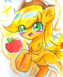 Size: 1821x2246 | Tagged: safe, artist:うめおにぎり, applejack, earth pony, pony, g4, apple, female, food, open mouth, solo, traditional art