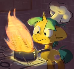 Size: 1100x1024 | Tagged: safe, artist:kukie, snails, pony, unicorn, g4, cooking, fire, kettle, male, solo, stove
